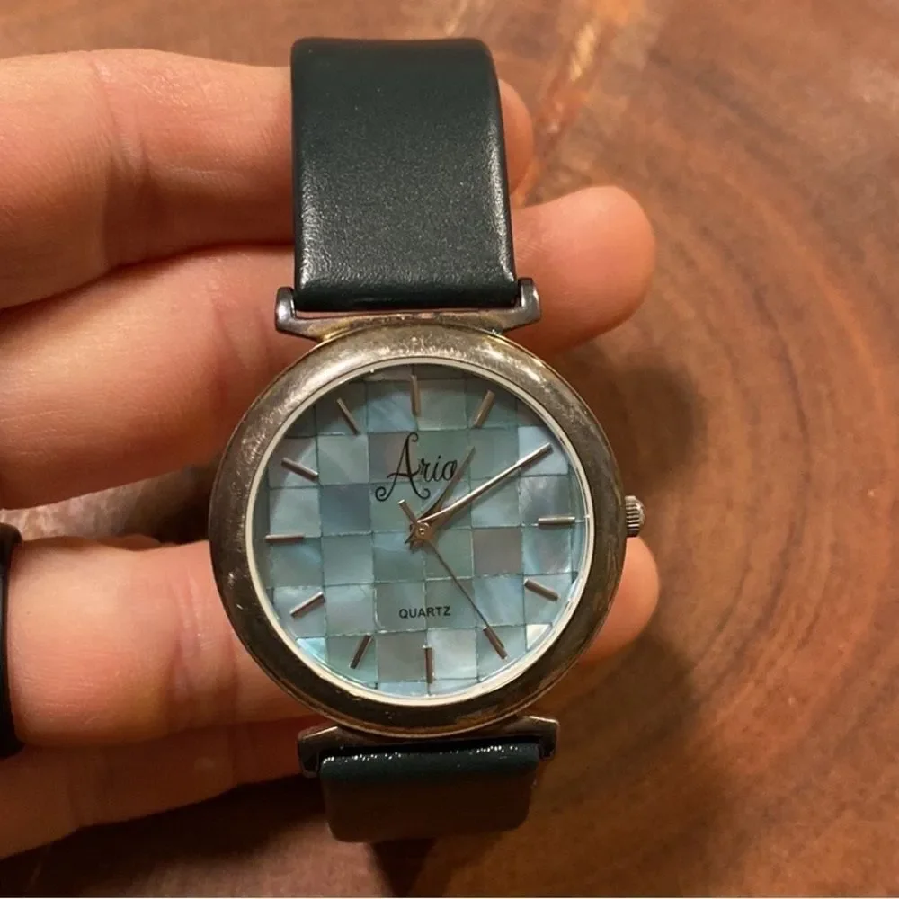 ARIA Sterling Silver Quartz Watch - Green Mother of Pearl Face & Leather‎ Band